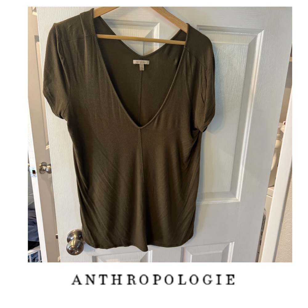 Anthropologie Bordeaux Deep Olive V-Neck Short Sleeve Top